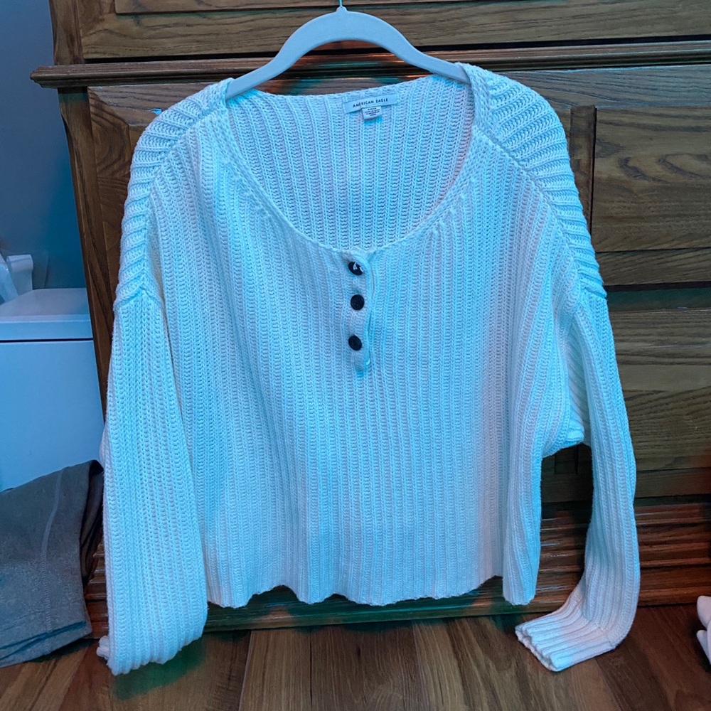American eagle buttoned off the shoulder sweater